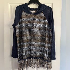 NEW Boho hoodie sweater fringe Tilly’s cozy casual striped top navy blue marled